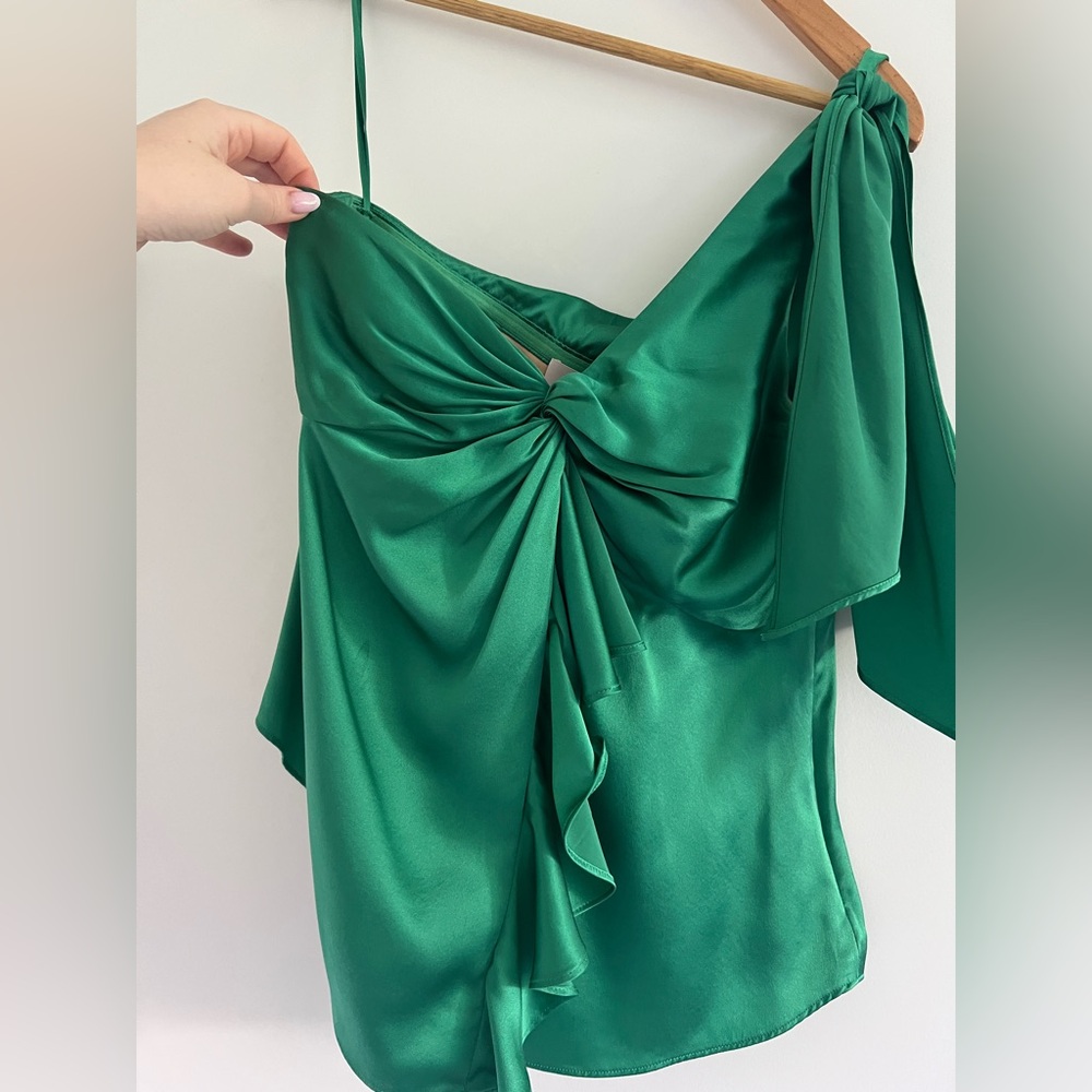 CINQ A SEPT | One Shoulder Ruffle Trim Blouse Top Green Jade Maeve